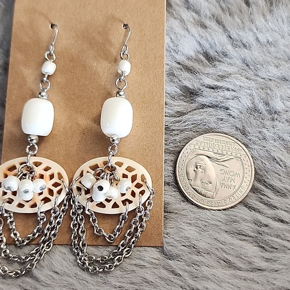 Cream and Silver Dangle Earrings - Picture 2 of 6
